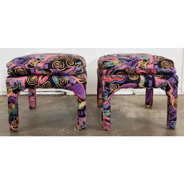 Mid-Century Modern Vintage Postmodern Abstract Upholstered Parsons Stools, a Pair For Sale - Image 3 of 10