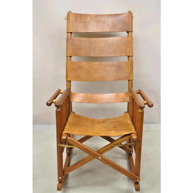 Vintage Costa Rican Campaign Style Teak Brown Leather Folding Rocker Rocking Chair. Item features thick brown leather...