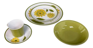 1970s Mikasa "Tampa" Dinnerware Set, 12 Place Settings, Avocado Green & Yellow - 74 pcs