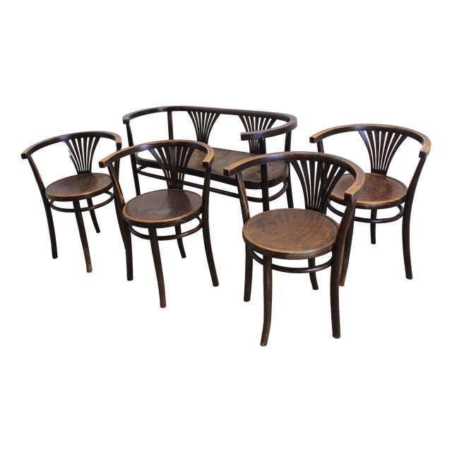 Bentwood Seating Group with Armchairs and Two-Seater Sofa from Thonet, 1920s, Set of 5 For Sale
