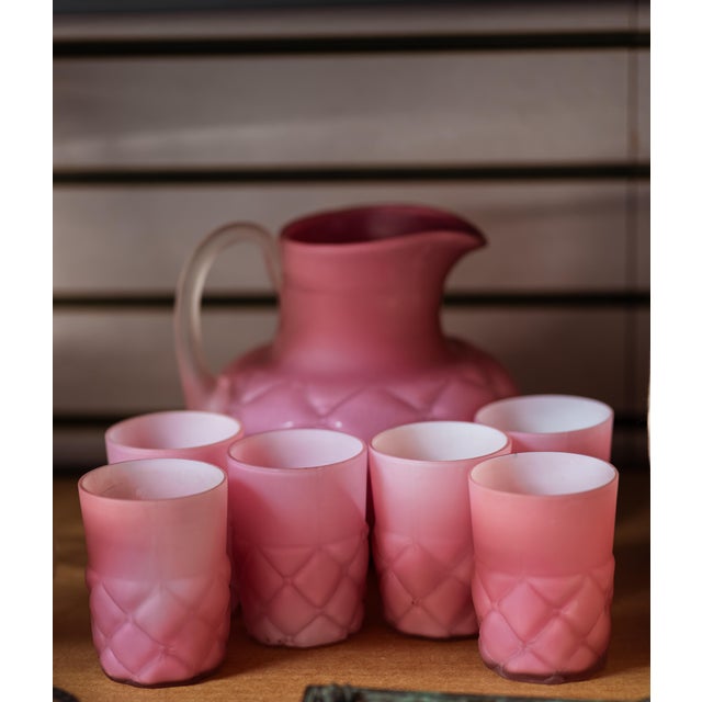 Art Deco Vintage Fenton Pink Quilted Satin Glass Lemonade Pitcher and 6 Tumblers - 7 pcs For Sale - Image 3 of 3