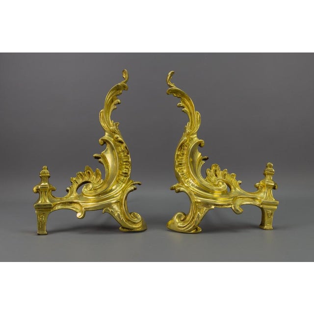 Metal French Rococo Style Gilt Bronze and Iron Firedogs, 1890s, Set of 2 For Sale - Image 7 of 18