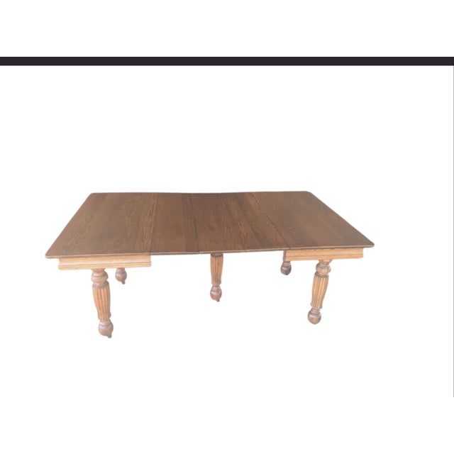 Late 19th Century Early American Solid Oak Banquet Dining Table With Fluted Legs on Casters For Sale - Image 6 of 18