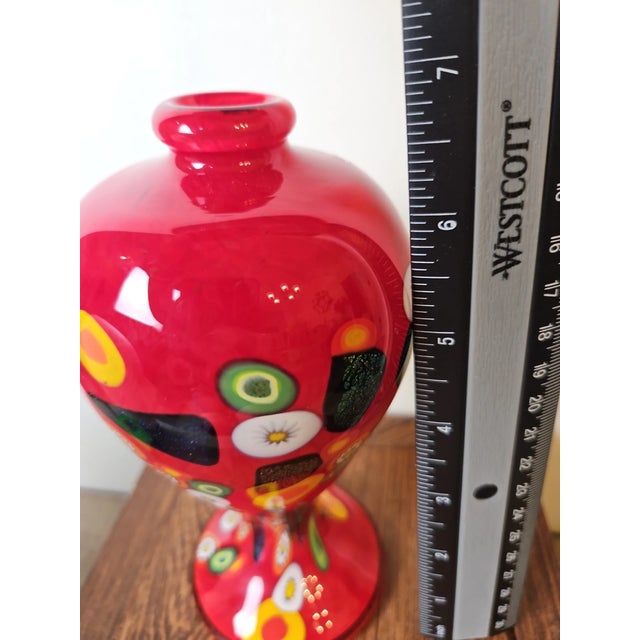 1990s Vintage MCM Murano-Style, Millefiori Hand Blown Red Art Glass Vase For Sale - Image 5 of 5