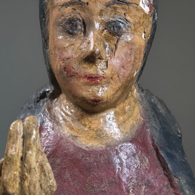 Antique Large 19th C. Spanish Folk Art Polychrome Virgin Mary Santos Sculpture For Sale In Philadelphia - Image 6 of 12
