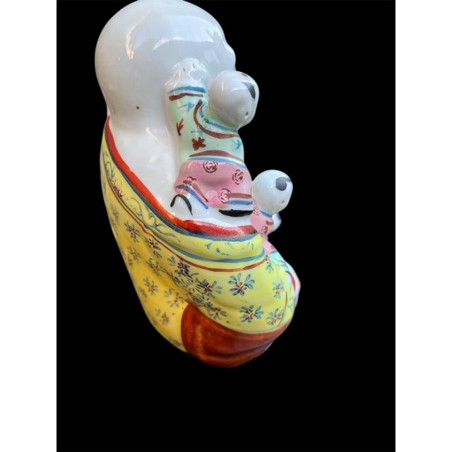 Ceramic Vintage Chinese Porcelain Laughing Buddha With Five Children – Hand-Painted Famille Rose Figurine For Sale - Image 7 of 8