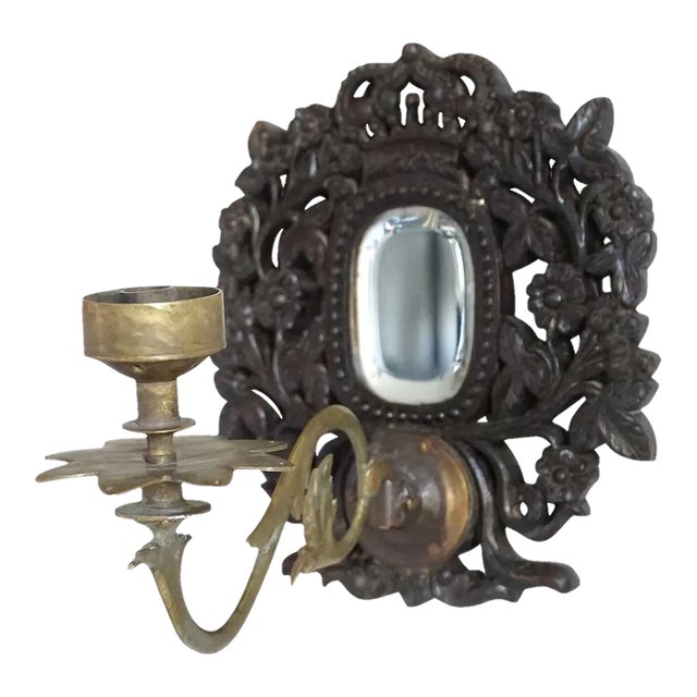 Mid 19th Century Indo-Portuguese Goan Teak, Brass & Mirrored 1-Arm Candle Wall Sconce For Sale