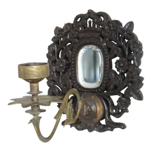 Mid 19th Century Indo-Portuguese Goan Teak, Brass & Mirrored 1-Arm Candle Wall Sconce