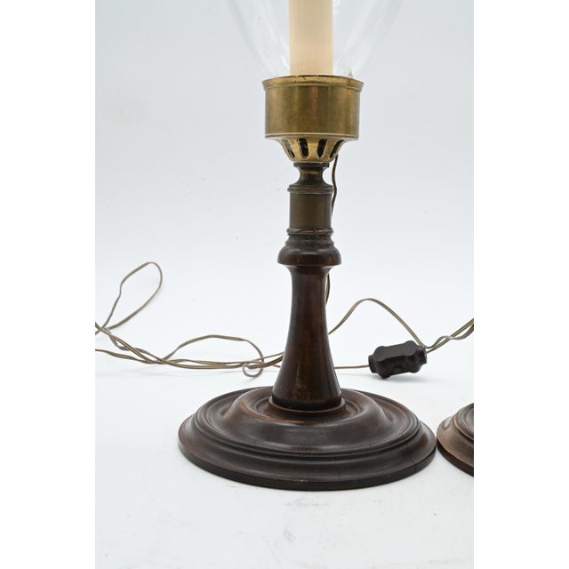 English Georgian Style Mahogany & Brass Candlestick Lamps With Hurricane Shades - A Pair For Sale - Image 3 of 18