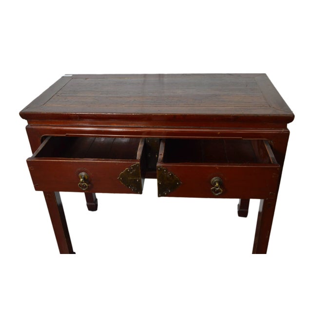 Auburn Red-Lacquered Chinese Circa 1900 Two-Drawer Desk with Brass Hardware For Sale - Image 8 of 9