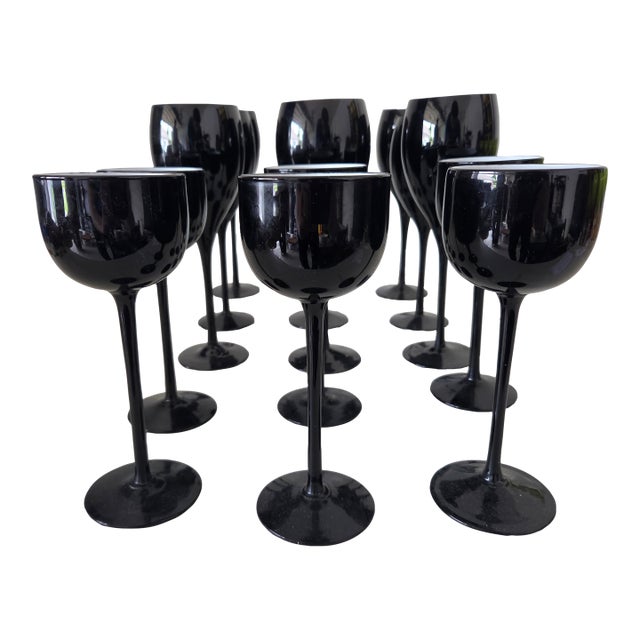 Vintage Carlo Moretti Italian Black and White Tall Stem Cased Wine Glasses - Set of 15 For Sale