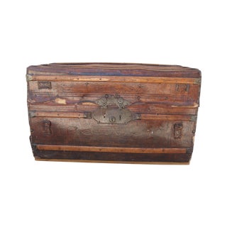 Antique Rustic Embossed Leather & Wood Trunk For Sale