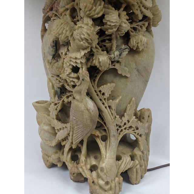 Mid-20th-Century Chinese Hand-Carved Soapstone Bird and Floral Vase Lamp For Sale - Image 4 of 11
