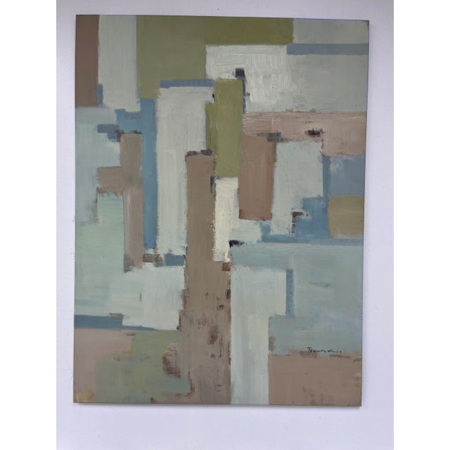 A captivating contemporary abstract oil painting on canvas, featuring a structured composition of muted blues, taupe,...
