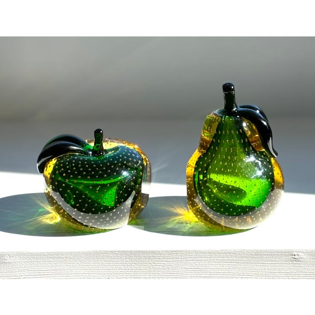 Dark Green "Rare and Beautiful Color" Murano Mid Century 1950's Art Glass Apple and Pear Bookends For Sale - Image 8 of 11