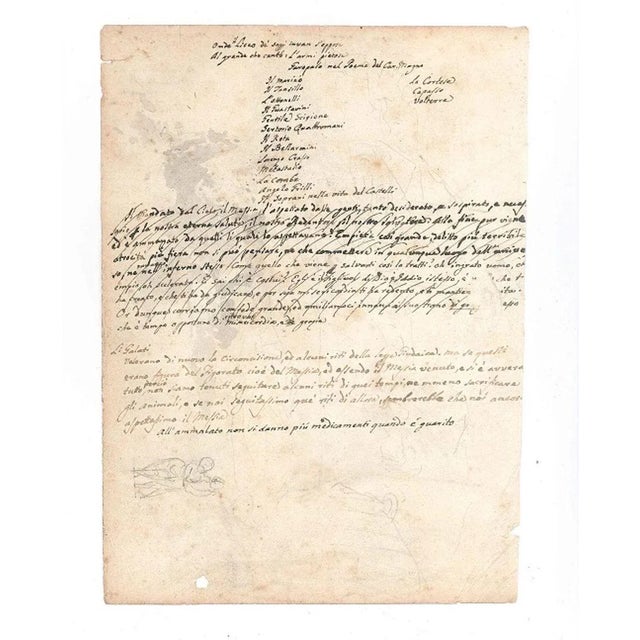 This beautiful artwork is a piece of paper with studies and notes. On one side, eleven subjects are drawn in ink, among...