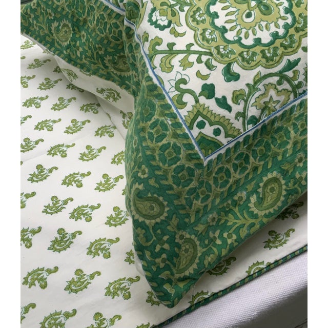 2010s Pair Vintage French Block Print Cotton Pillow Covers, Green Floral Paisley, Paris For Sale - Image 5 of 6