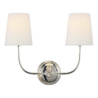 Thomas O'Brien for Visual Comfort Signature Vendome Double Sconce in Polished Nickel with Linen Shades For Sale
