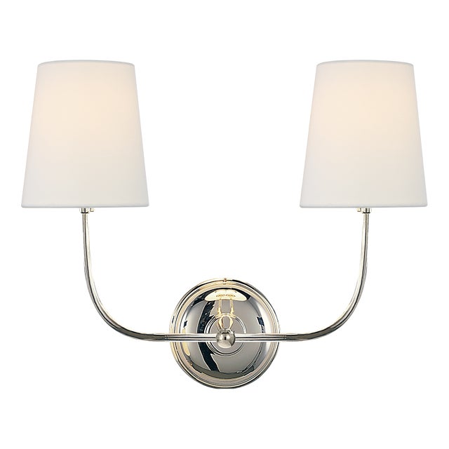 Thomas O'Brien for Visual Comfort Signature Vendome Double Sconce in Polished Nickel with Linen Shades For Sale