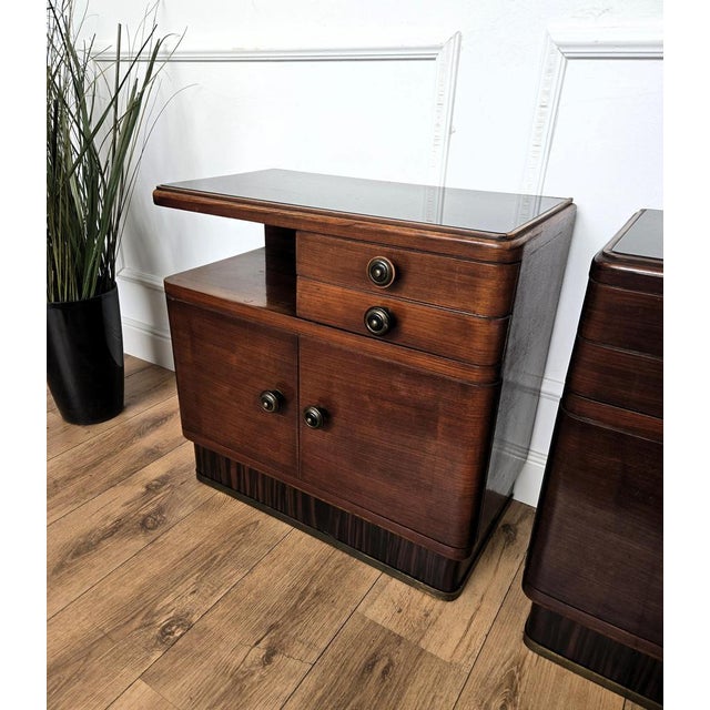 Metal Art Deco Italian Nightstands in Wood and Black Glass Top, 1940s, Set of 2 For Sale - Image 7 of 11