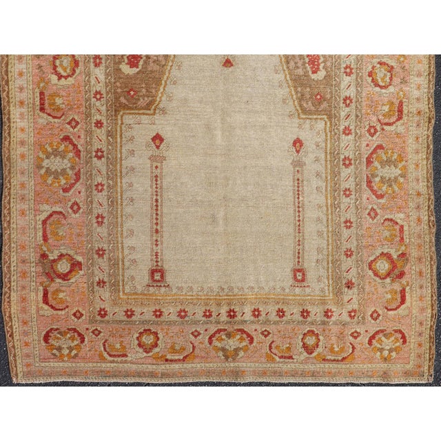 Tribal Antique Turkish Sivas Prayer Rug With Floral Design in Ivory, Taupe, and Pink For Sale - Image 3 of 11