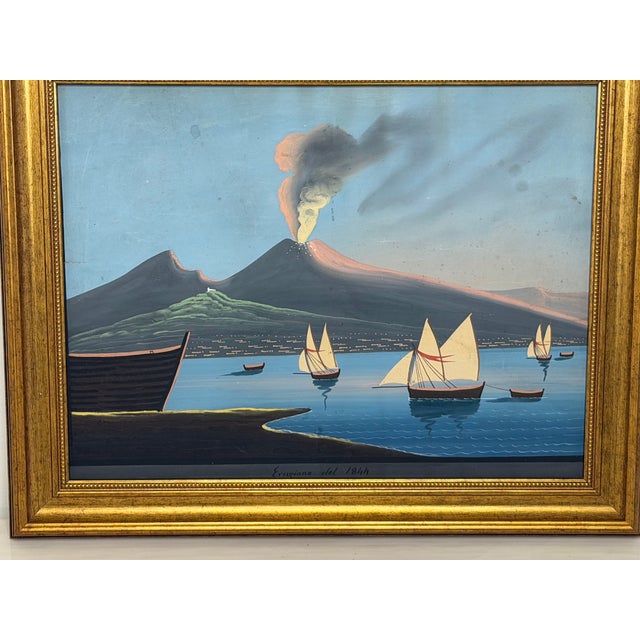 Sky Blue 19th Century Italian Grand Tour Mount Vesuvius Eruption Gouache Painting, 1844 For Sale - Image 8 of 18
