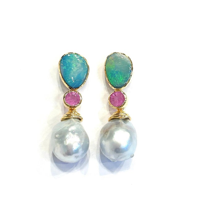 Baroque Bochic "Orient" Blue Opal, Pearl & Pink Ruby Earrings Set 18K Gold & Silver For Sale - Image 3 of 18