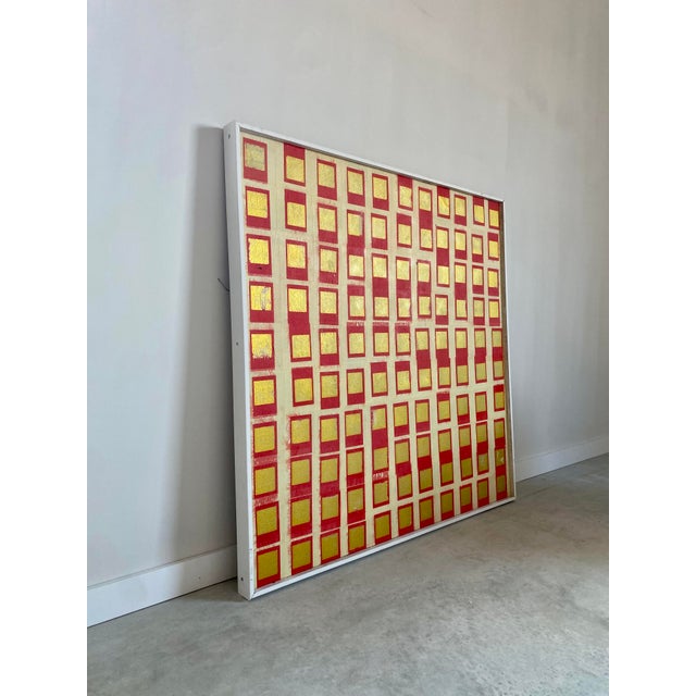 Contemporary 49" Minimalist Organic Modern Gold Foil Grid Painting For Sale - Image 3 of 17