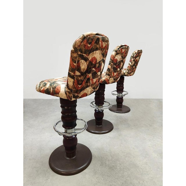 Vintage French Swivel Barstools with Graphic Print, Set of 3 For Sale - Image 4 of 5