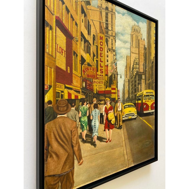 Wood Dave Milton Vintage 1959 Mid Century Modern Edward Hopper Style " 42nd Street and Fifth Avenue, New York City " Framed Original Realist Oil Painting For Sale - Image 7 of 18