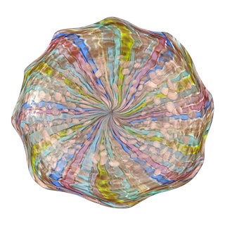 Vintage Fratelli Toso Murano Vintage Rainbow Ribbons Aventurine Flecks Italian Art Glass Centerpiece Bowl For Sale