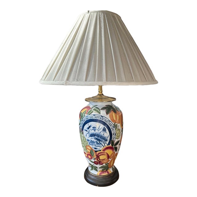 Vintage Chinoiserie Fruit & Lotus Porcelain Brass Table Lamp For Sale