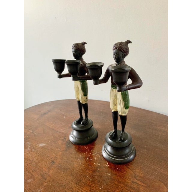 Figurative Pair of Vintage Painted Cast-Iron Figurative Double Candleholders For Sale - Image 3 of 12