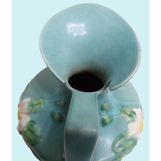 1940s Roseville Pottery Pitcher, Blue & White Flowers and Leaves - Large (10 Inches Tall) For Sale - Image 9 of 12