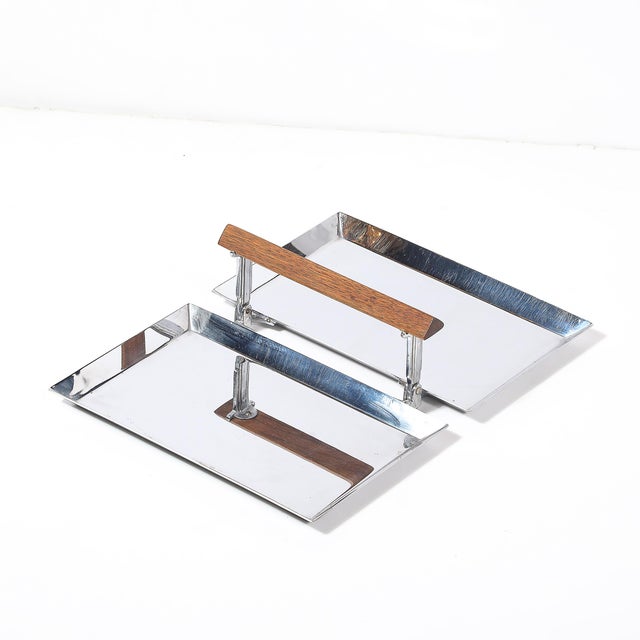 Wood Art Deco Chrome Folding Tray With Triangular Walnut Handle For Sale - Image 7 of 12