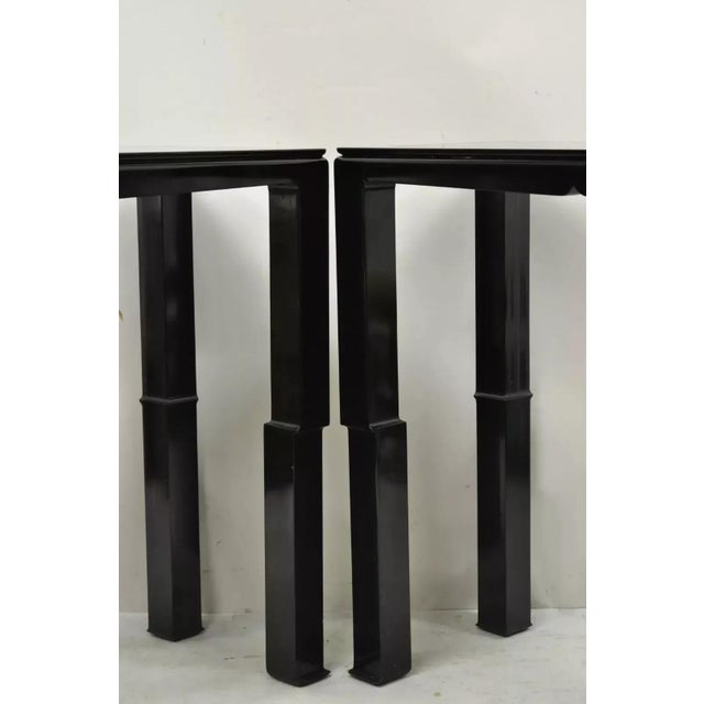 Chinoiserie Chinese Ming James Mont Style Black Lacquer Sofa Hall Console Tables - Pair For Sale - Image 3 of 11
