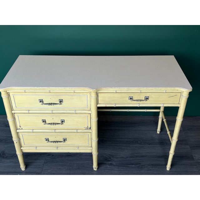 Mid-Century Modern 1970s Faux. Bamboo Canary Yellow Desk by Henry Links For Sale - Image 3 of 8