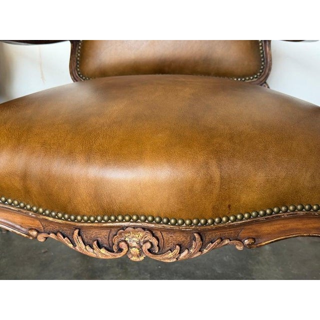 Pair of VIntage French Louis XV Cognac Leather Fauteuils For Sale - Image 12 of 18