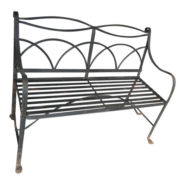 Vintage Regency-Style Reeded Wrought-Iron Garden Bench With Paw Feet For Sale