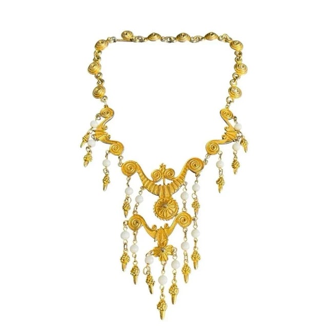 Vintage Gold Tone Bib Statement Necklace Waterfall Pendants Etruscan Revival Maximalist Vendome Measures approx 17" long...