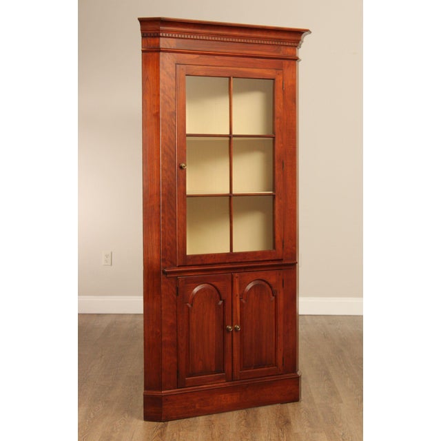 High Quality Vintage Cherry Corner Cabinet with Six Pane Glass Door Opening to Painted Interior and Pair of Shelves, Over...