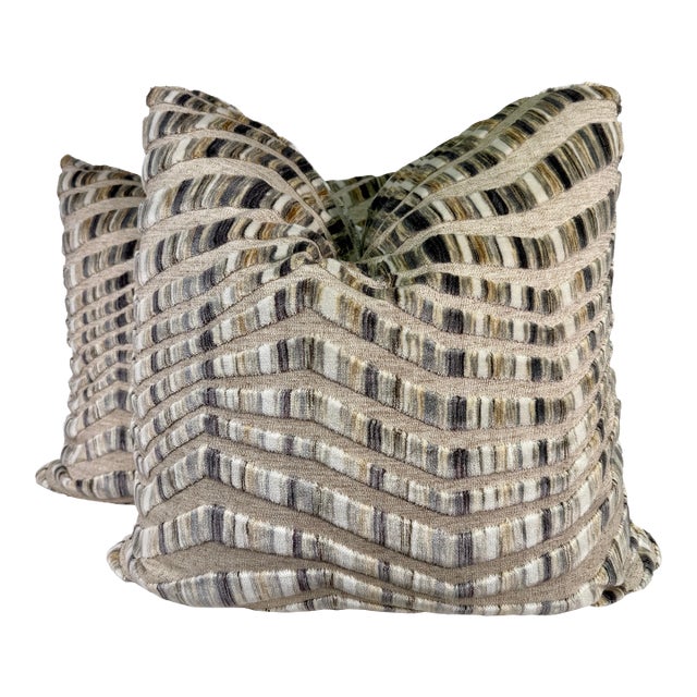 Opuzen "Tazza Velvet" in Granite 22" Pillows-a Pair For Sale