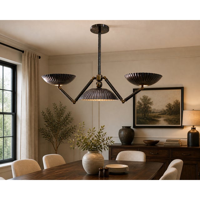 Not Yet Made - Made To Order Bronze 3 Light Chandelier, Handmade Antique Ceiling Light Fluted Brass Pendant Fixture, Art Deco Dining Room Kitchen Island Lighting For Sale - Image 5 of 11