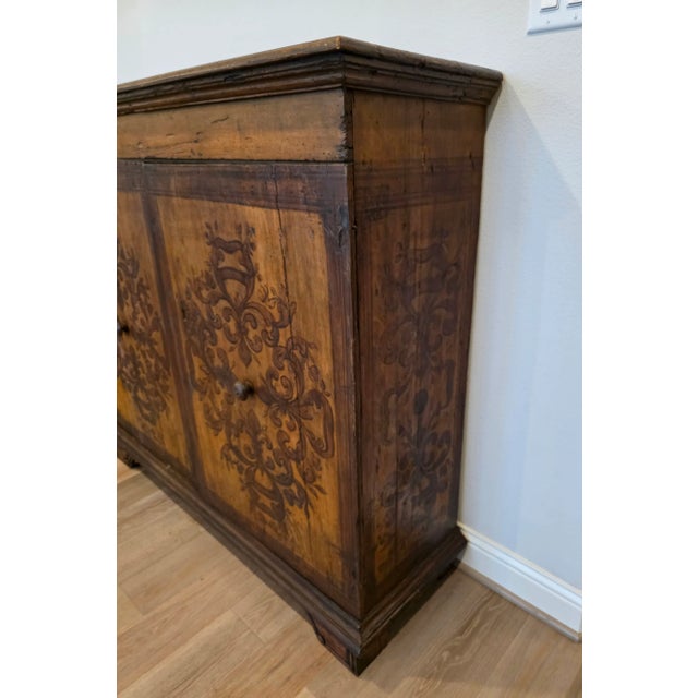Early 18th C. Italian Baroque Inlaid Wood Sacristy Cabinet Rustic Antique Credenza For Sale - Image 10 of 18