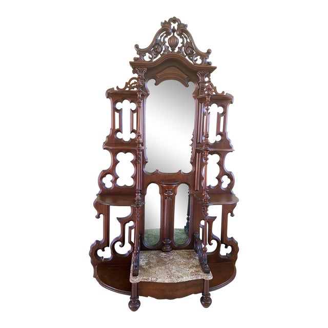 Magnificent Antique Victorian Hall Tree With Mirror, Drawer, and Marble Shelf Base - Exceptional Carving For Sale