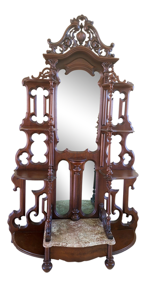 Magnificent Antique Victorian Hall Tree With Mirror, Drawer, and Marble Shelf Base - Exceptional Carving