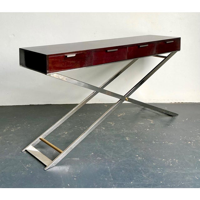 Vintage Chrome and Wood Console Table With Brass Accents For Sale In West Palm - Image 6 of 12