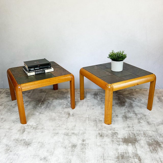 Pair of Danish Modern coffee tables by Poul H. Poulsen for Gangso Møbler, featuring geometric grid of multi-tonal slate...