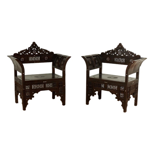 Pair of Antique Anglo Indian Carved and Inlaid Chairs For Sale