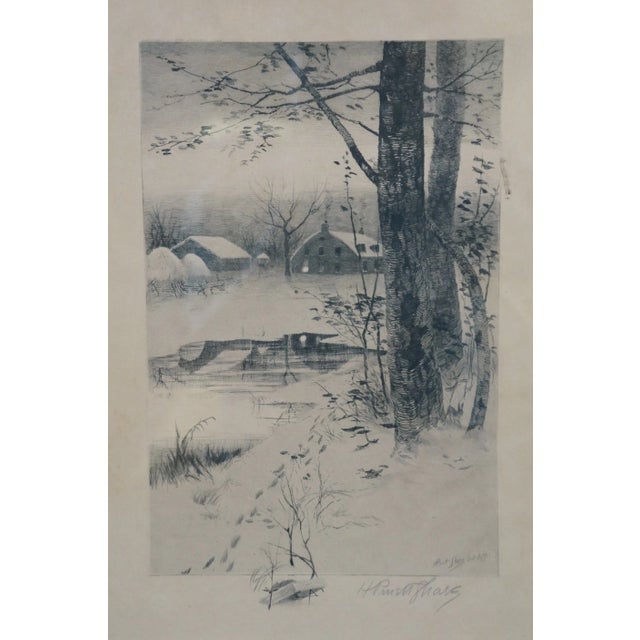 Late 19th Century Antique 1887 Henry Pruett Share Signed Winter Farm Landscape Etching 20", Framed For Sale - Image 5 of 11